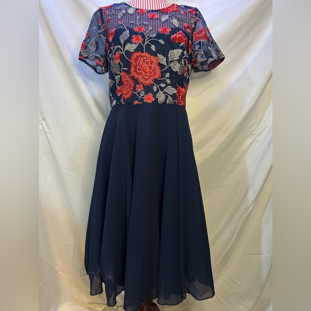 Chi Chi London Embroidered Navy Midi Dress- Red Floral Detail, Sheer, Size US 16